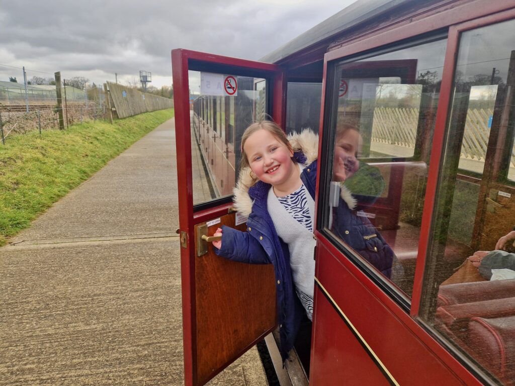 Erin looking out of the train cabin