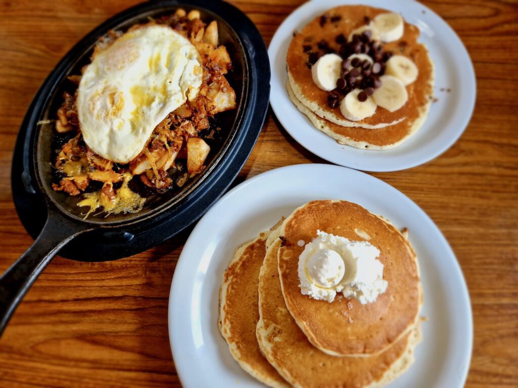 Denny's breakfasts. Pancakes, chocolate chip pancakes and a breakfast skillet