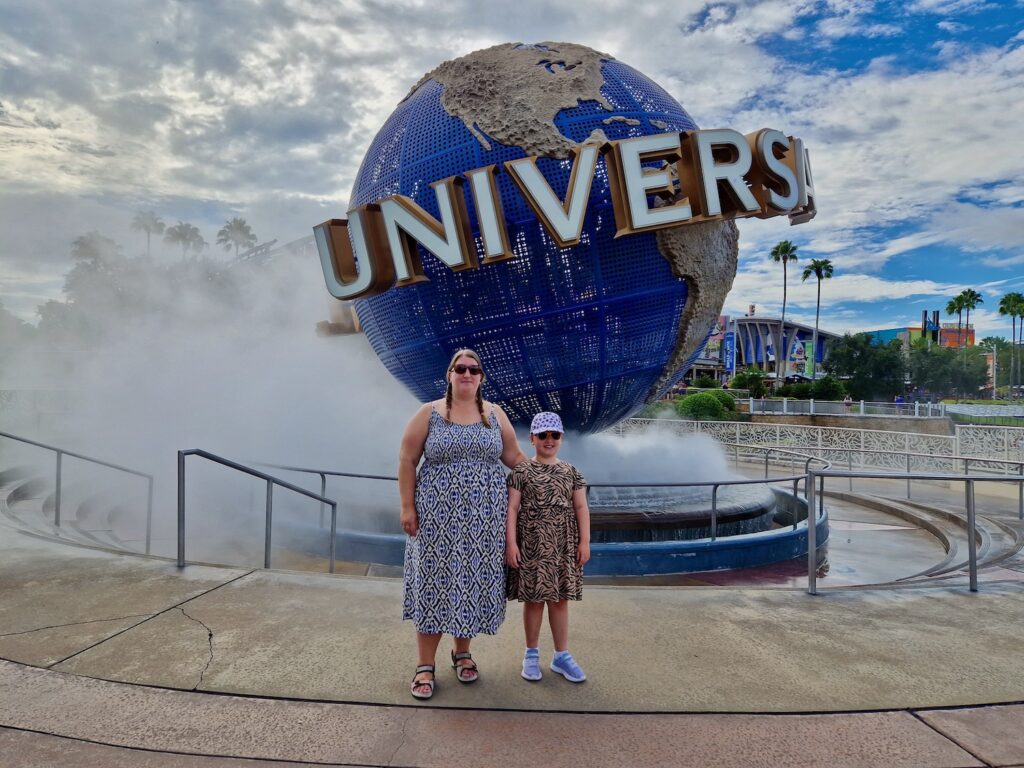 Lyndsey and Erin at the Universal world globe