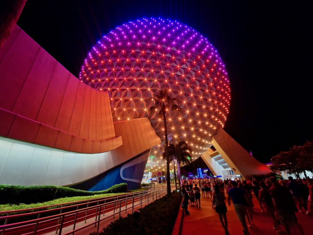 Spaceship Earth lit up at Epcot