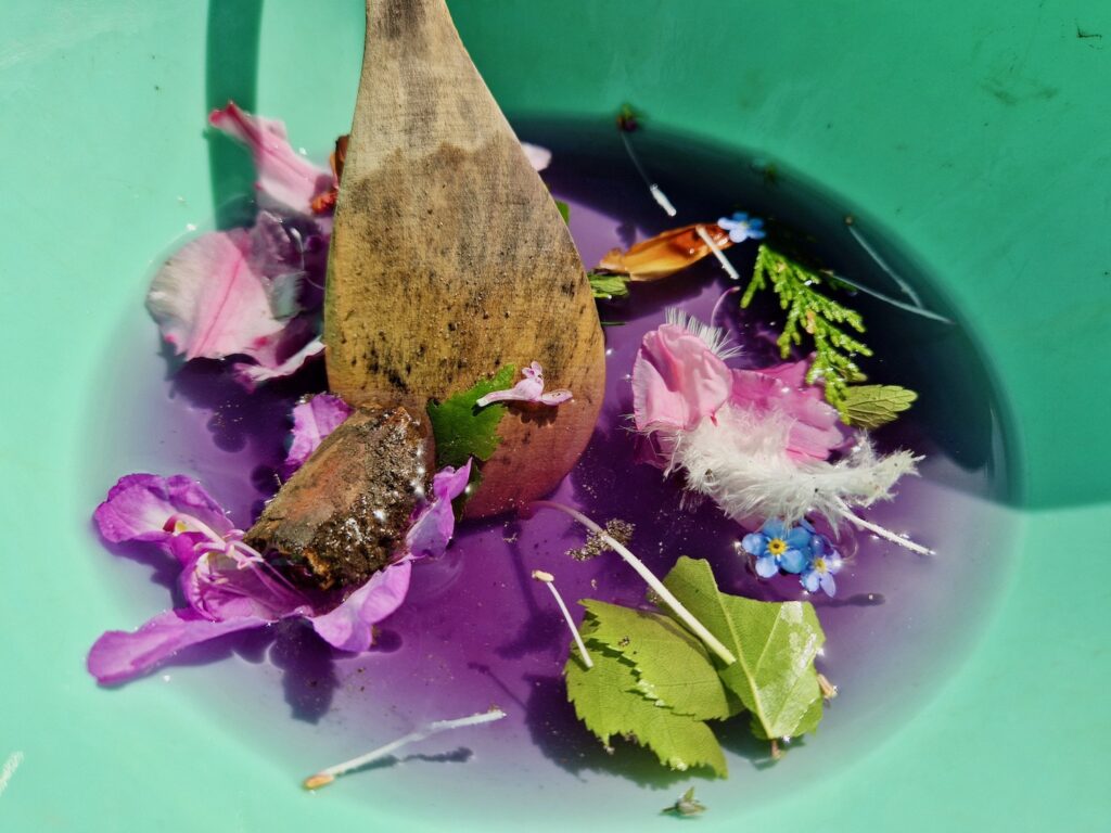 A purple mixture in a bowl, containing leaves, flowers and bits of a tree. Part of the Haven Wild Wizards session