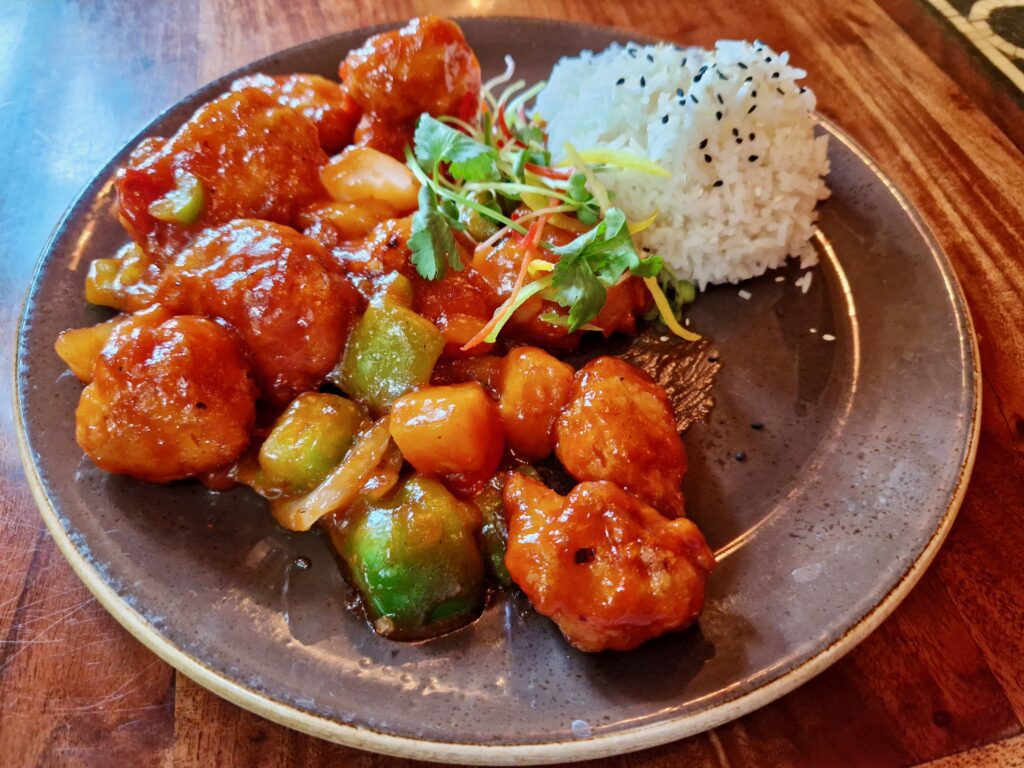 Sweet and Sour chicken  with plain rice at Yak and Yeti