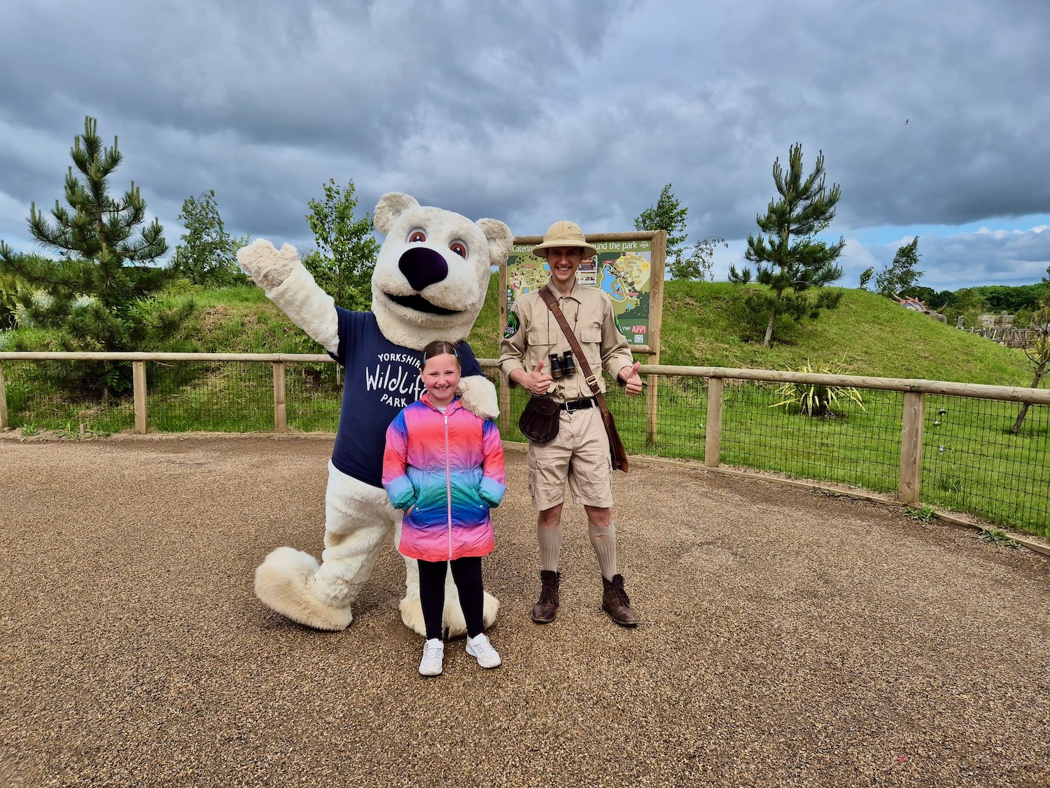 Erin with a mascot at the entrance to Yorkshire Wildlife Park