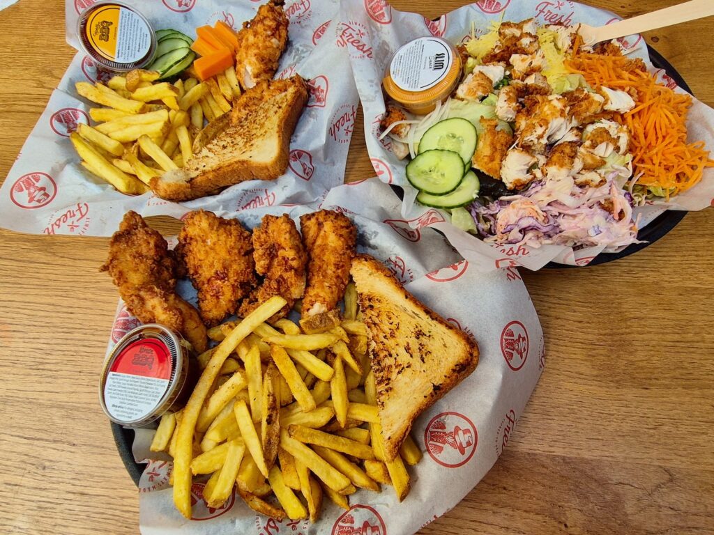 Food spread from Slim Chickens at Haven Cleethorpes Beach