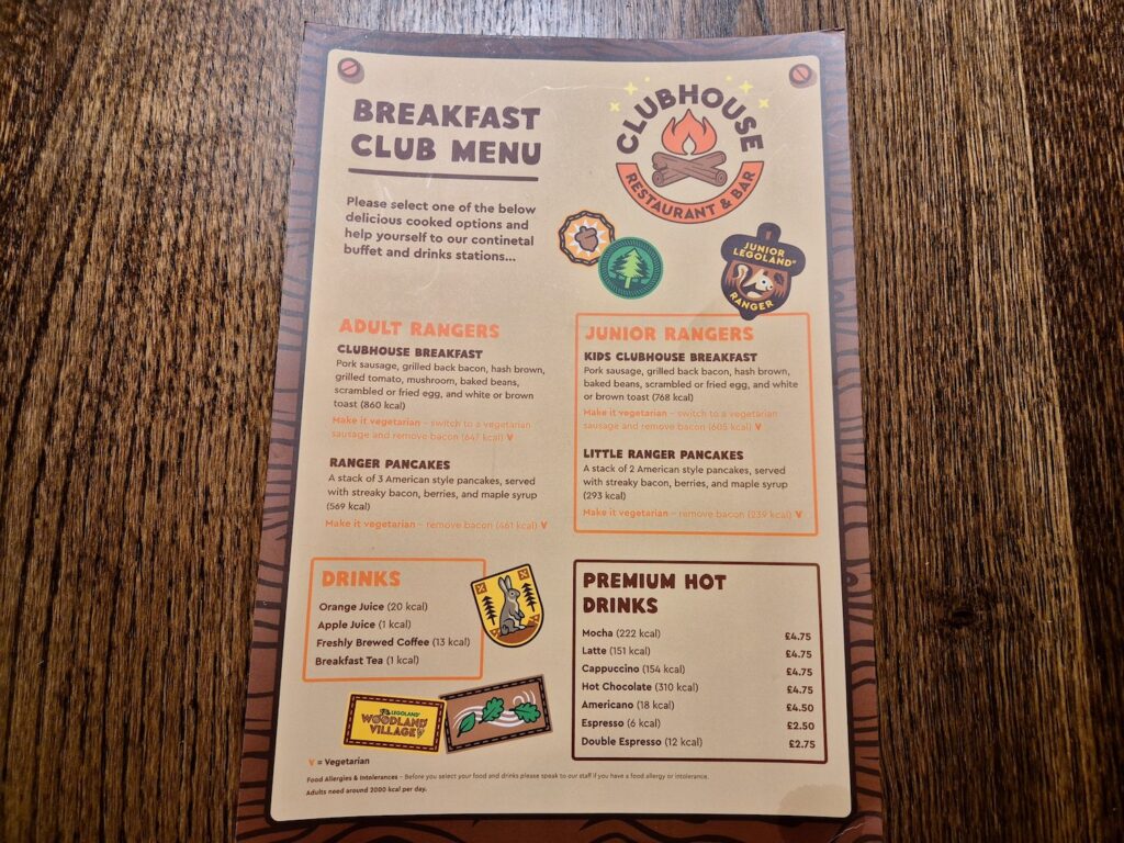 Legoland's Clubhouse breakfast menu