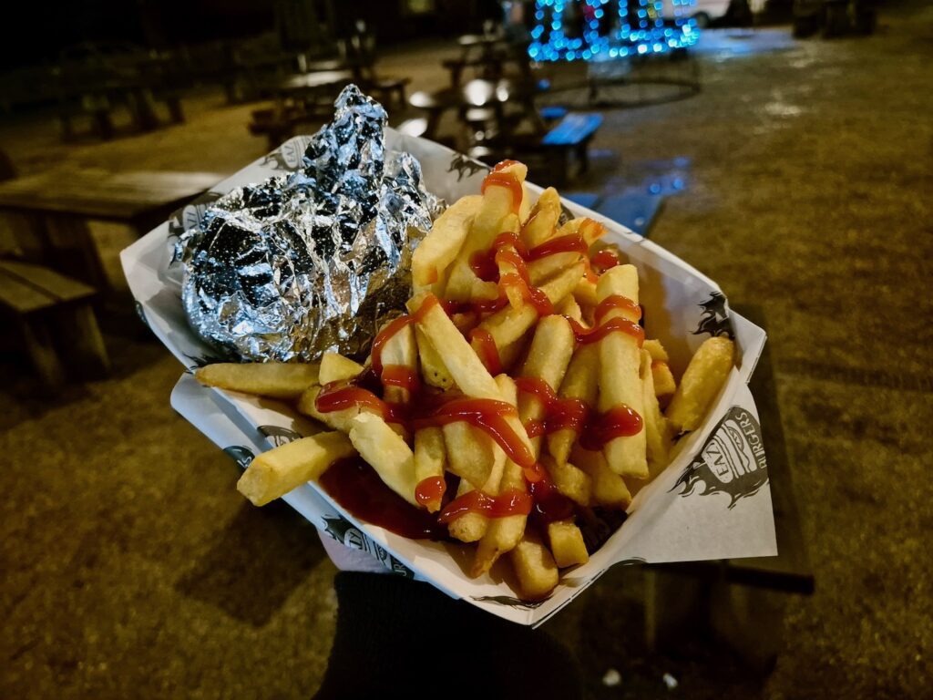 Smash burger and fries at the festive farmyard at Blickling