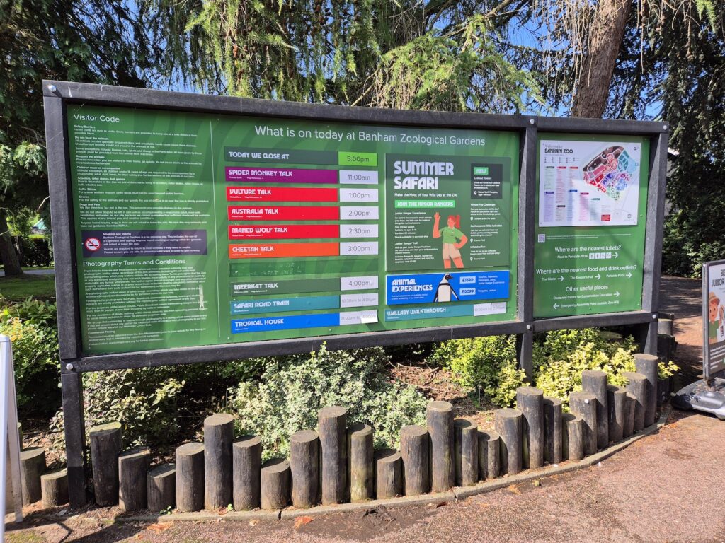 Signboard showing daily animal talks and activities at Banham Zoological Gardens