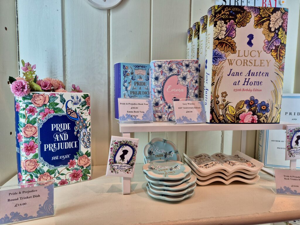 Display of Pride and Prejudice themed gifts and books at the Jane Austen Centre gift shop in Bath