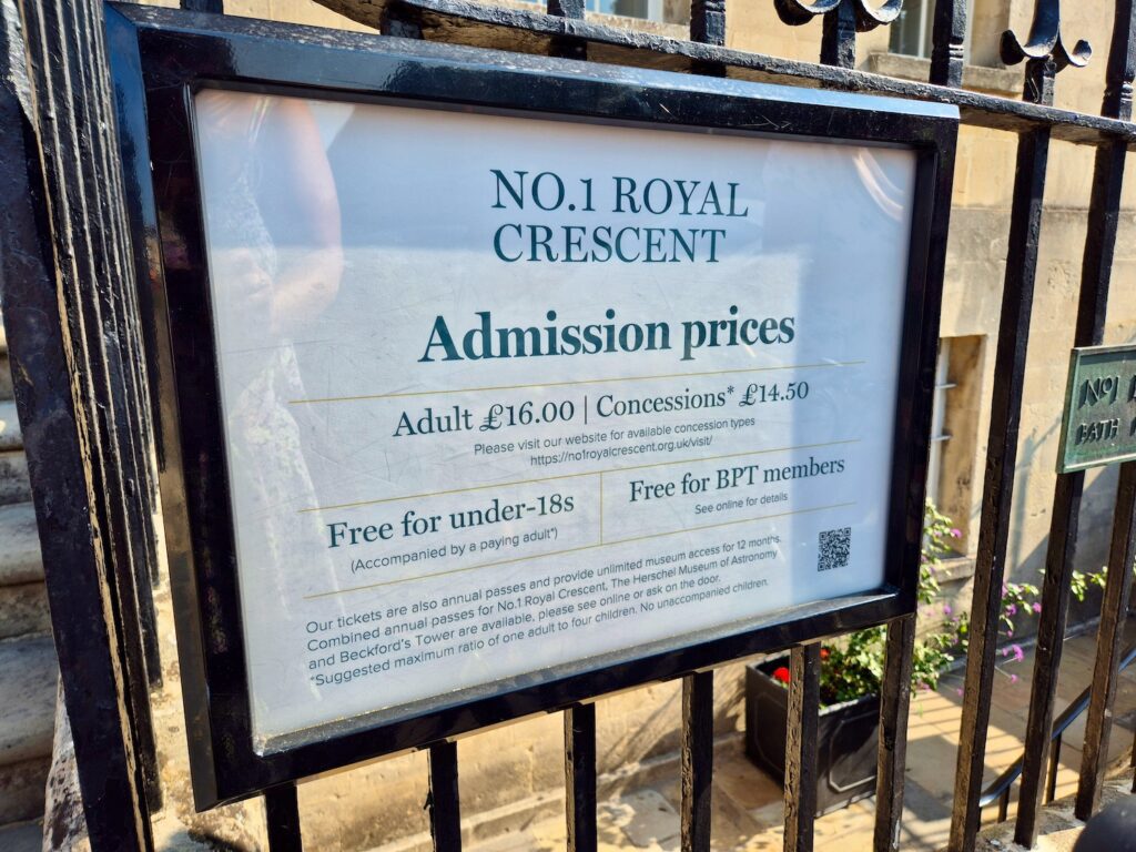 Admission price sign for No. 1 Royal Crescent in Bath, showing ticket costs and visitor information