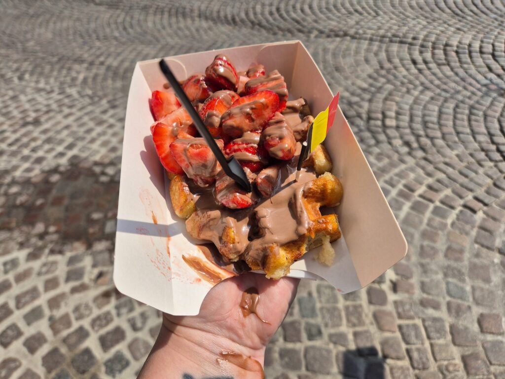 Belgian waffle with chocolate and strawberries